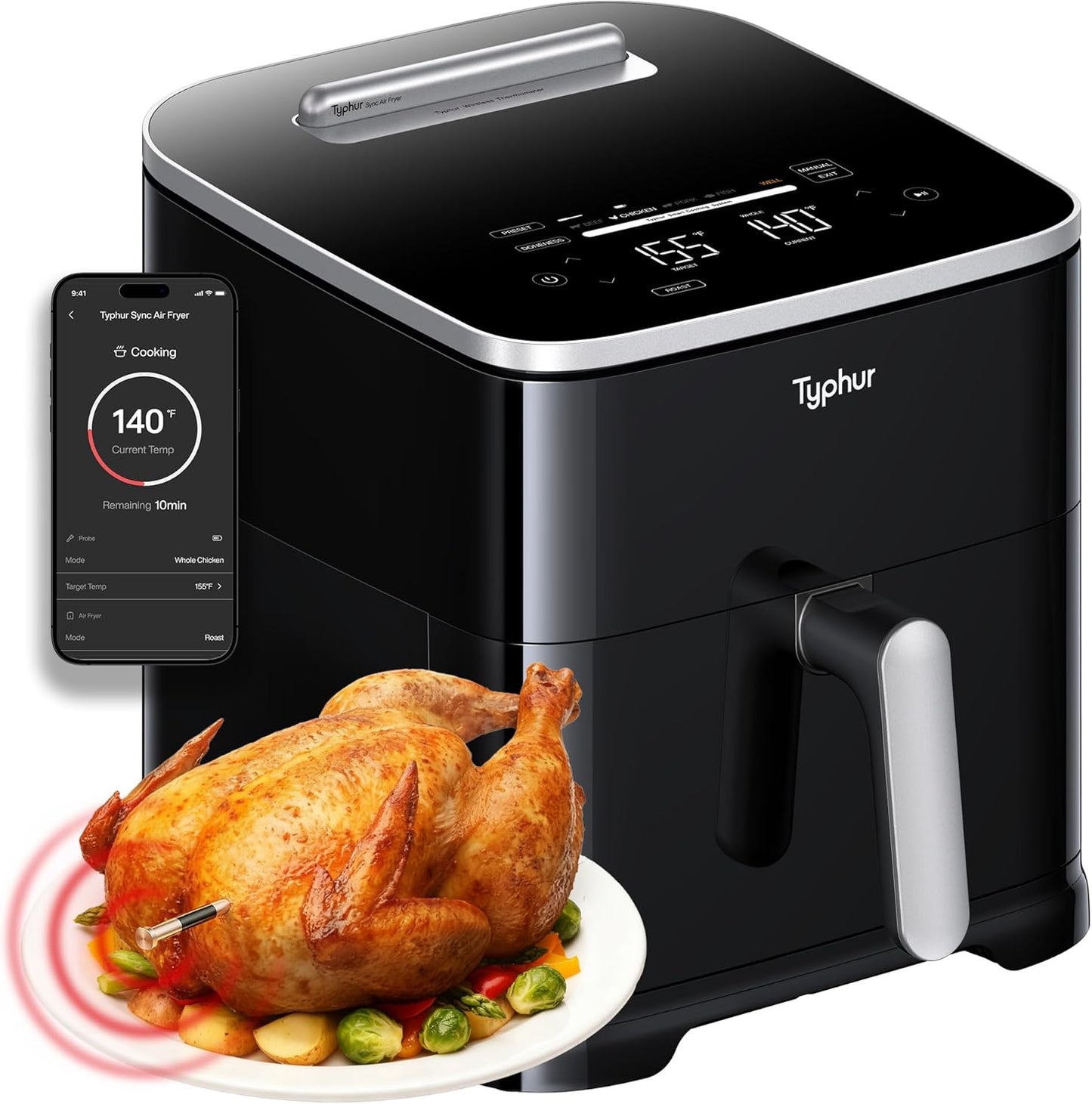 Typhur 8QT Sync Air Fryer with Built-in Wireless Meat Thermometer, 9-in-1 Smart Non Toxic Ceramic Airfryer for Quick Easy Meals, 450°F Max, Cooks 6lb Whole Chicken, Dishwasher Safe, 120V