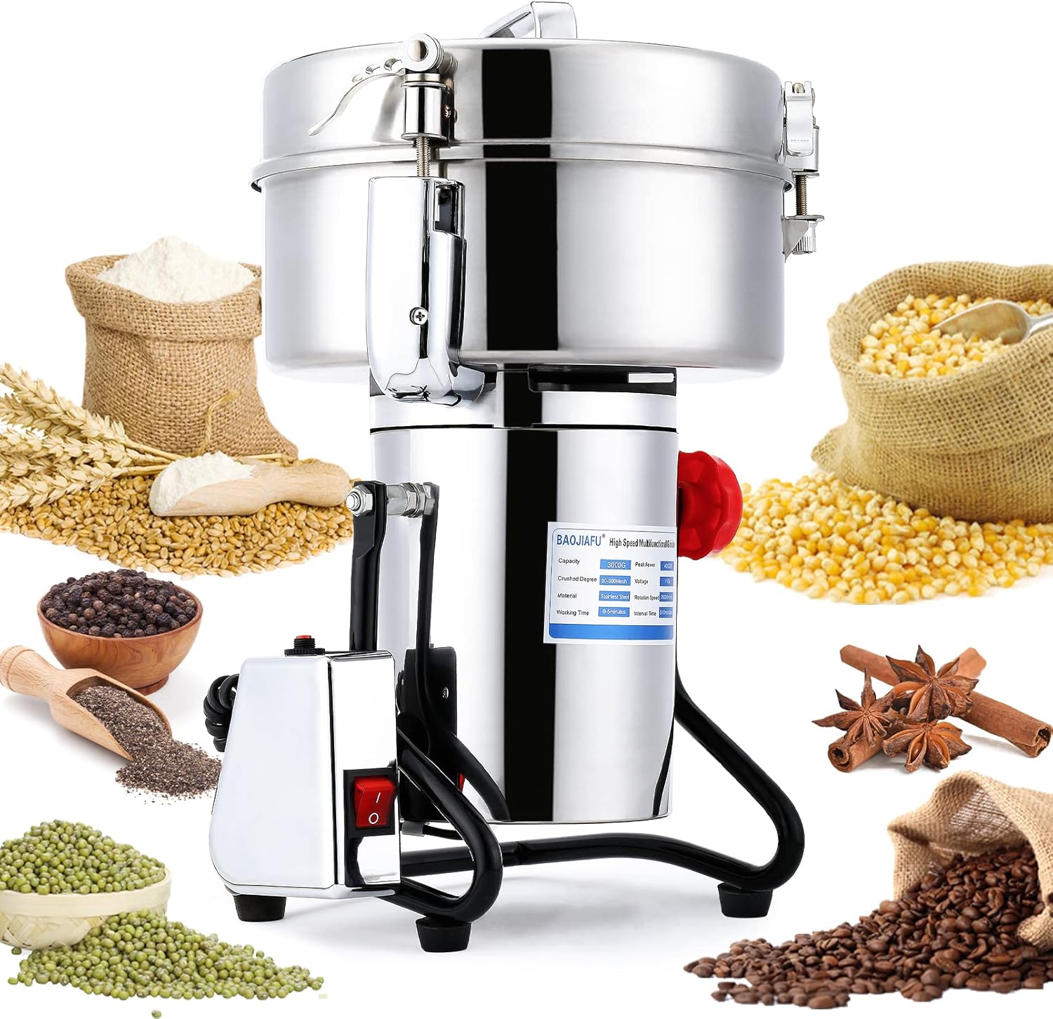 BAOJIAFU Electric Grain Mill Grinder 3000g High-speed Grain Spice Herb 4000W Dry Grinder Machine 304 Stainless Steel Superfine powder high-speed grain mill 36000r\/min for Kitchen Home and Commercial