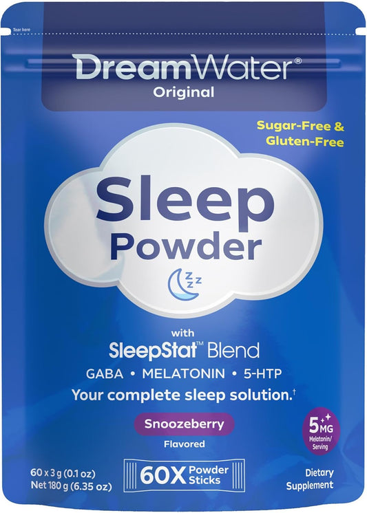 Dream Water Sleep Powder - Sugar-Free, Gluten-Free, Natural Flavors; Blend of 3 Ingredients, GABA, 5mg Melatonin, 5-HPT; Snoozeberry, 60-Count