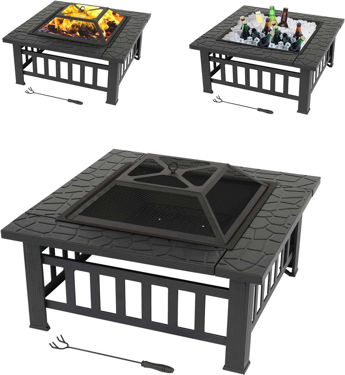 Outvita 32in Fire Pit Table, Outdoor Square Metal Firepit Table with Fire Bowl, Mesh Cover and Fire Poker for Patio Yard Garden Camping