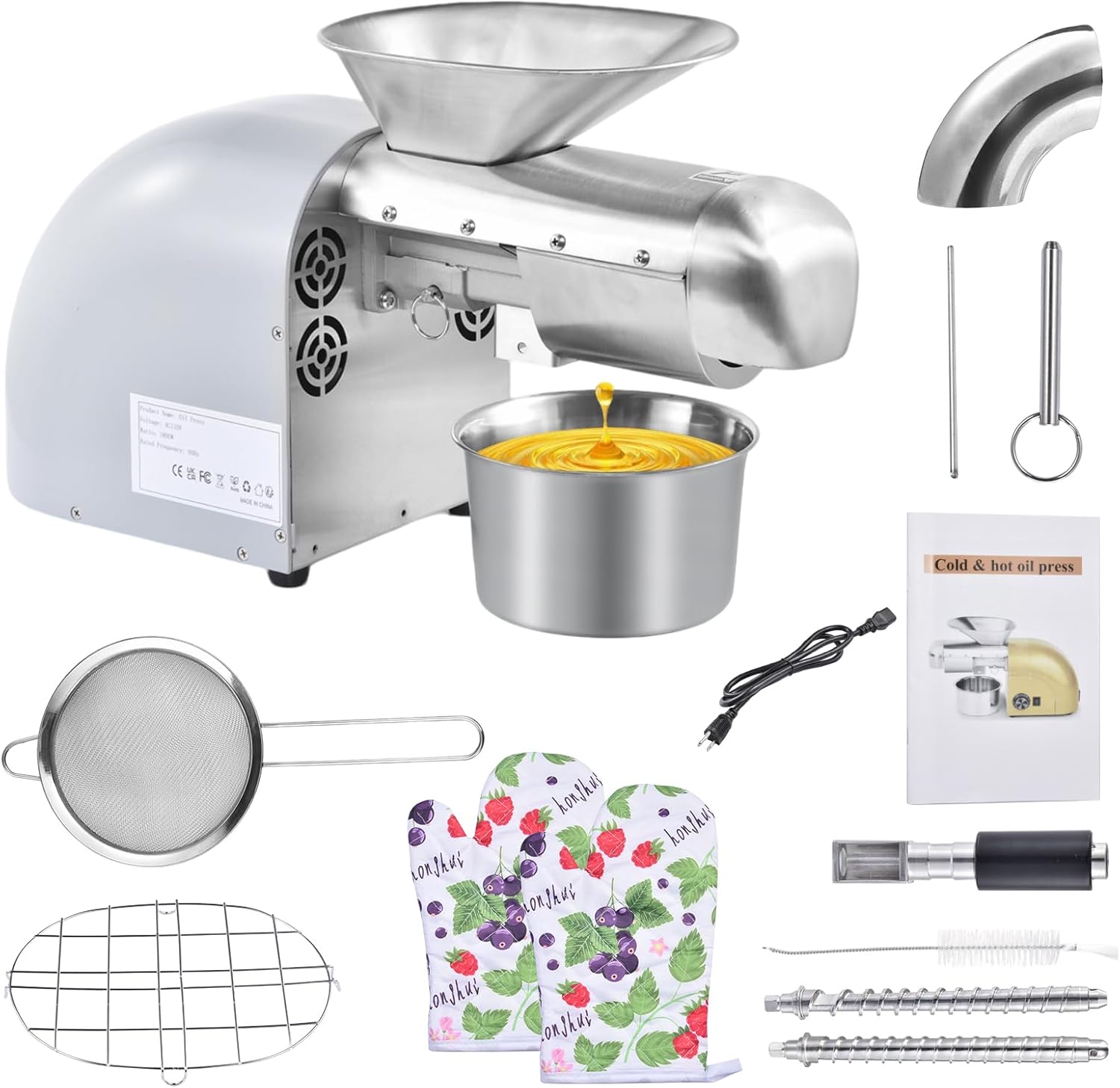 1800W Oil Press Machine, Nut Seeds Oil Extractor Cold& Hot Press Machine,Temperature Control 32F-572F,Extended Rod, 13-19LBS\/H, Lower Noise,For Coconuts,Cocoa Beans,Avocado,Amaranth Seed(Grey)