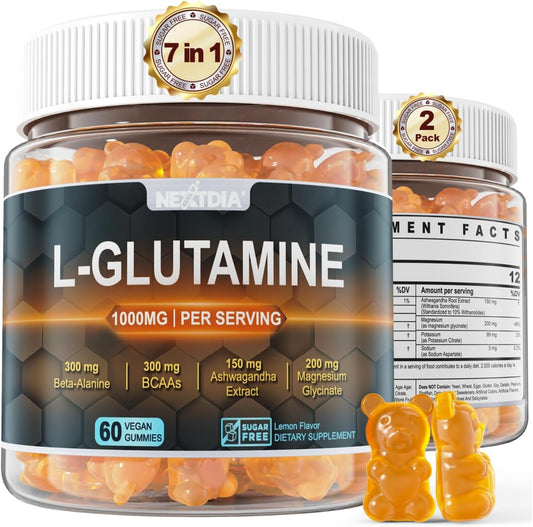 Nextdia L-Glutamine 1000mg Gummies for Women & Men| with Beta-Alanine, BCAAs, Magnesium Glycinate, Potassium & Ashwagandha | Vegan | Sugar-Free & Extra-Chewy | 120 Counts
