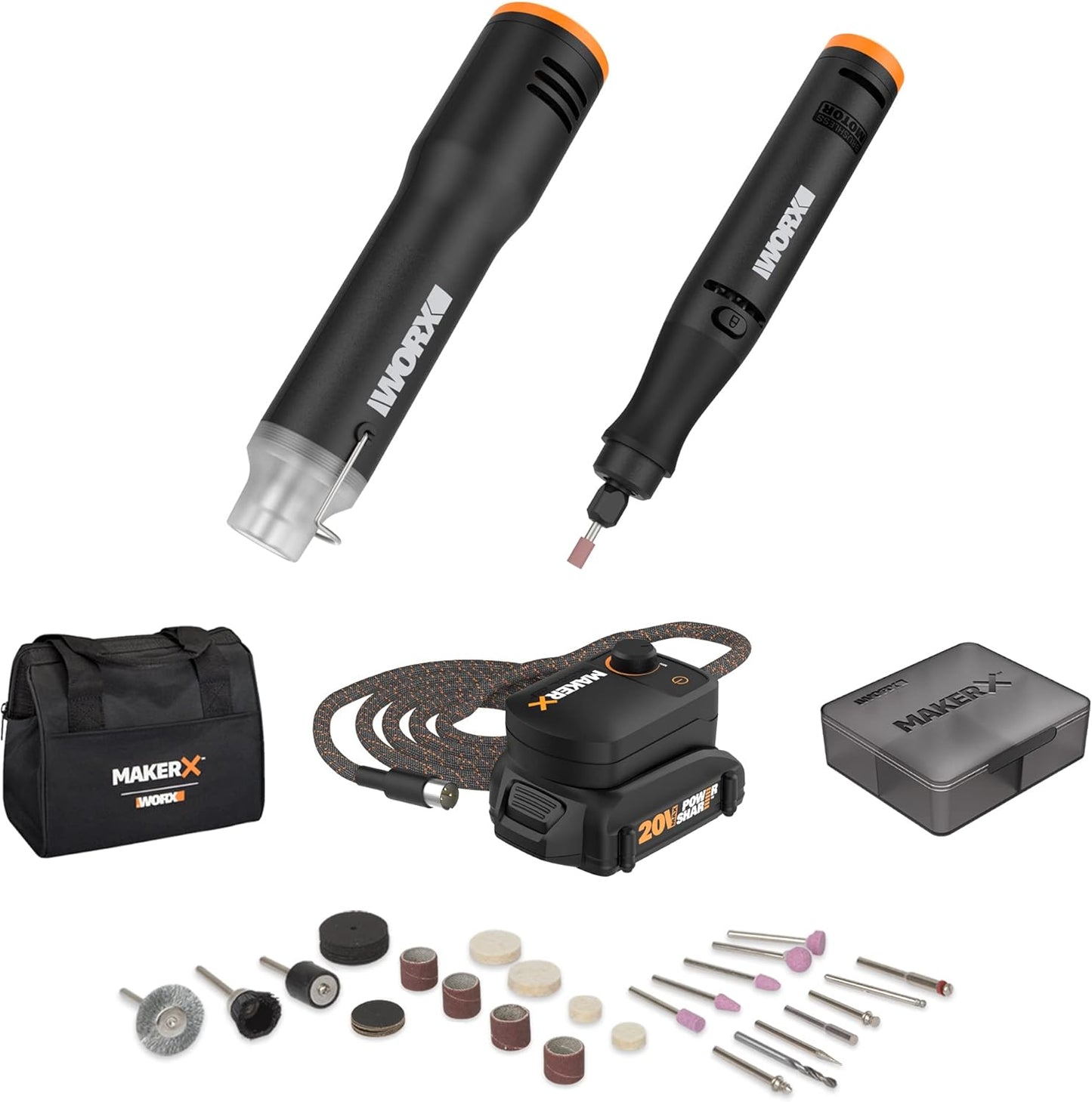 Worx WX989L 20V MAKERX 2-Pc Combo Kit - Rotary Tool + Heat Gun w\/ 42 Accessories