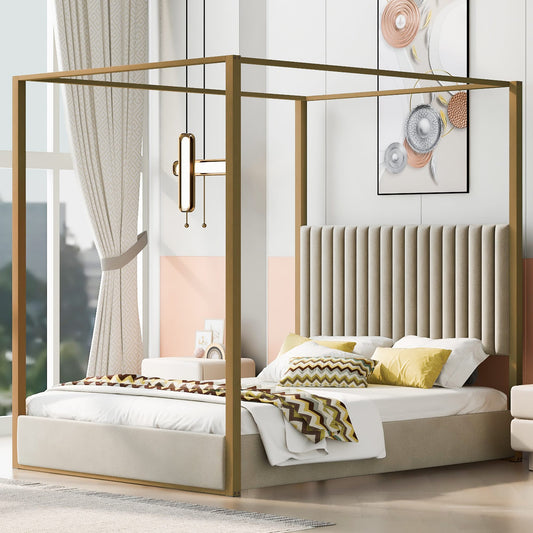 ModernLuxe Queen Size Upholstery Canopy Platform Bed with Headboard and Metal Frame Beige