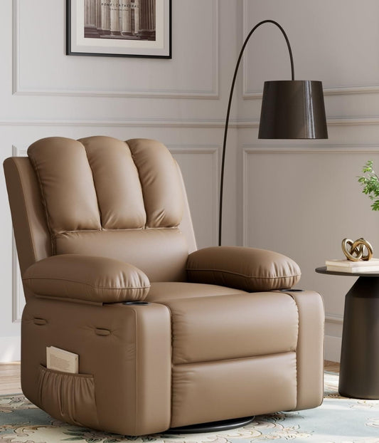 Qeetex Oversized Recliner Chairs with Heat and Massage - 360 Swivel Lazy Recliner Chair for Adults - Manual Rocking Chair with Cup Holder for Living Rooms/Bedrooms and Nurseries - Tan