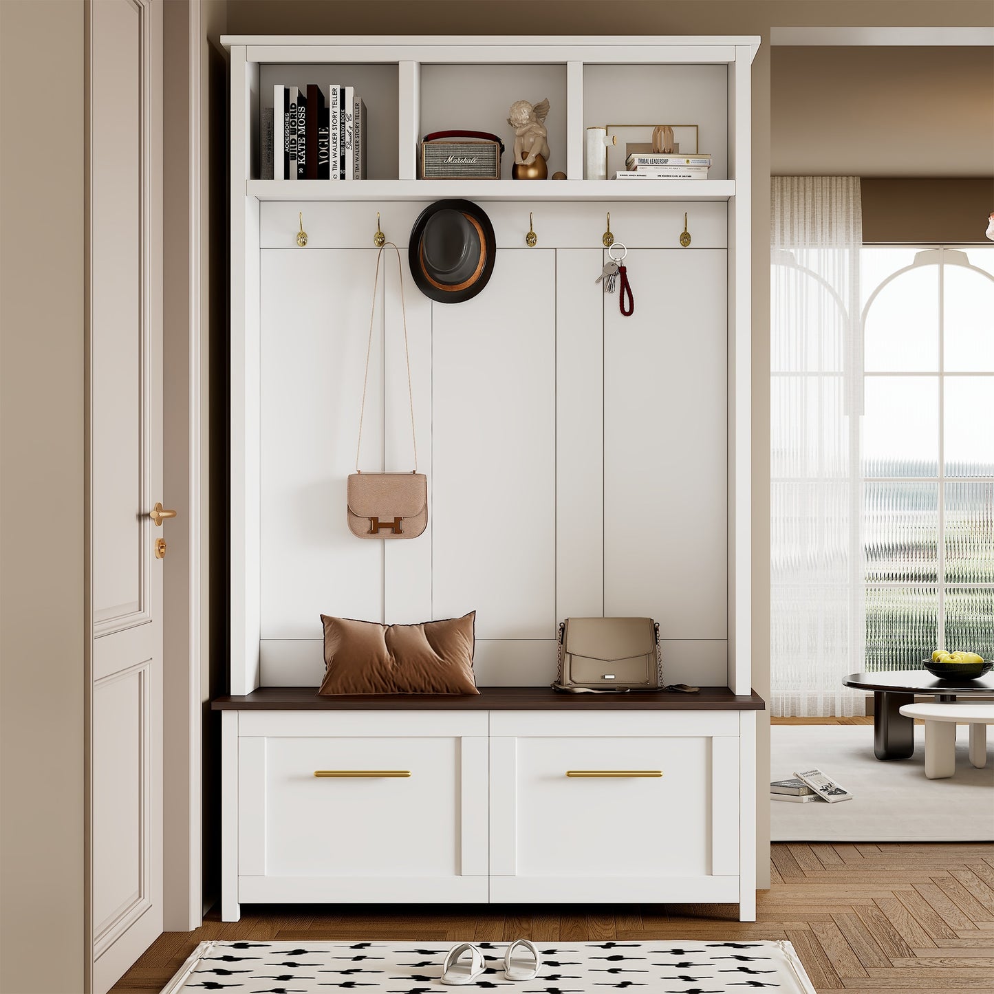 JANSNO Rustic 47.2 White Wood Hall Tree