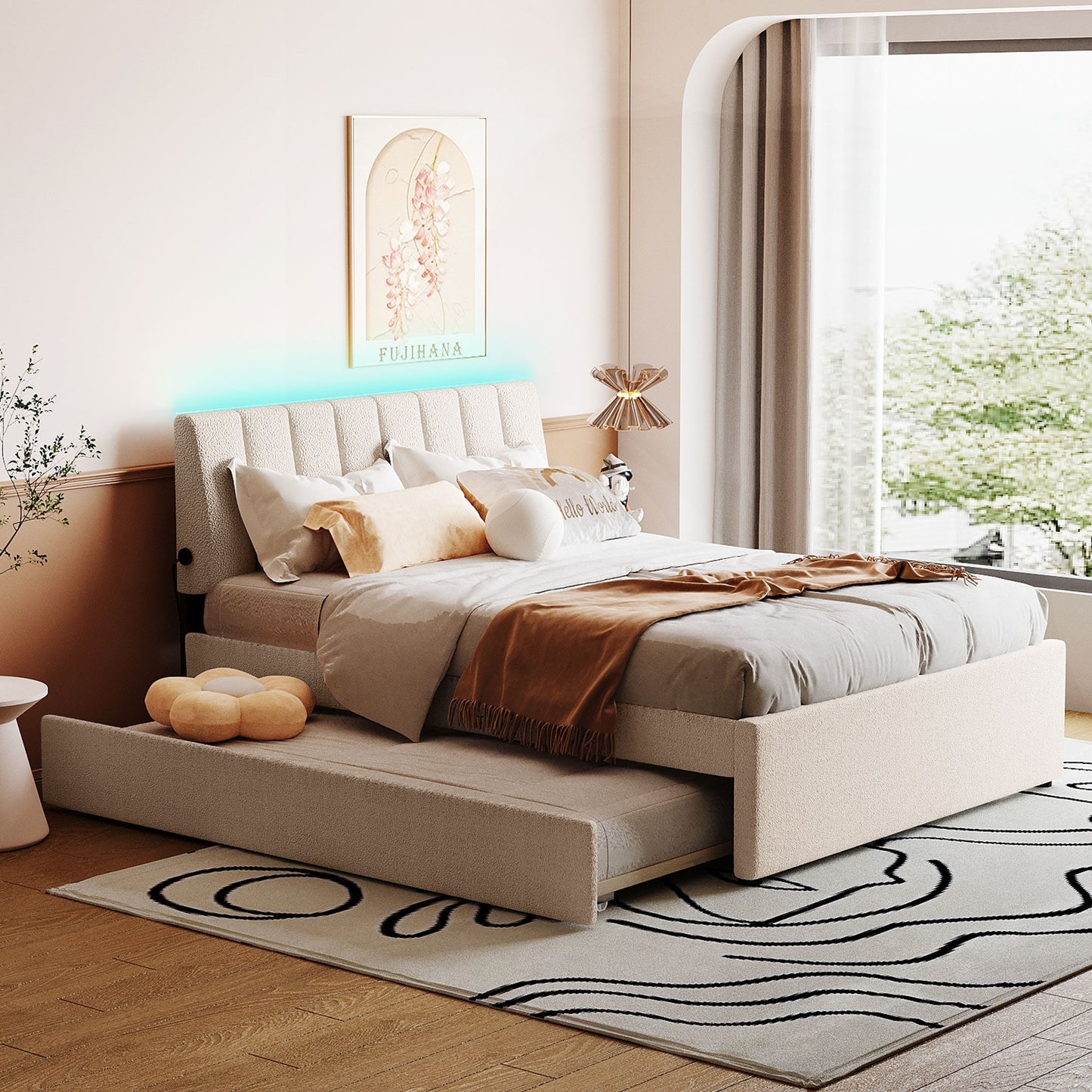 ModernLuxe Teddy Fleece Full Size Upholstered Platform Bed with Twin size Trundle Beige