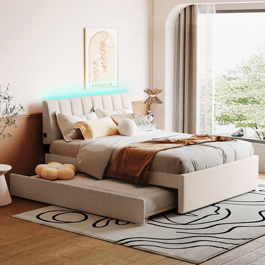 ModernLuxe Teddy Fleece Full Size Upholstered Platform Bed with Twin size Trundle Beige