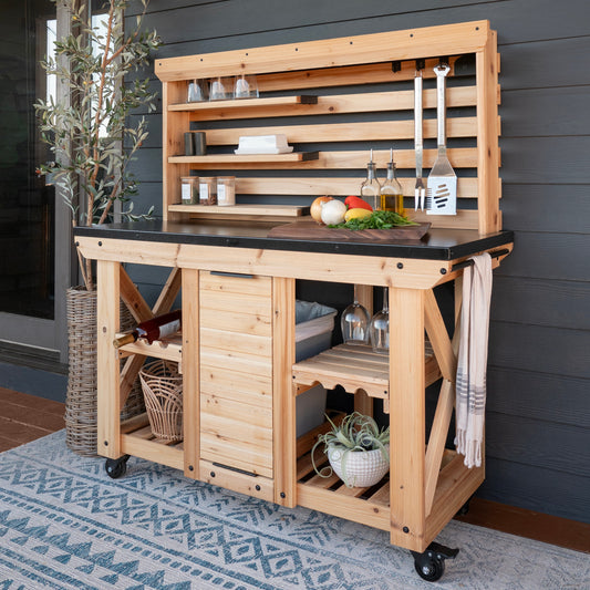 Backyard Discovery Black Wood Base with Steel Metal Top Rolling Prep Table ( 21.88-in x 44.31-in x 57.31-in )