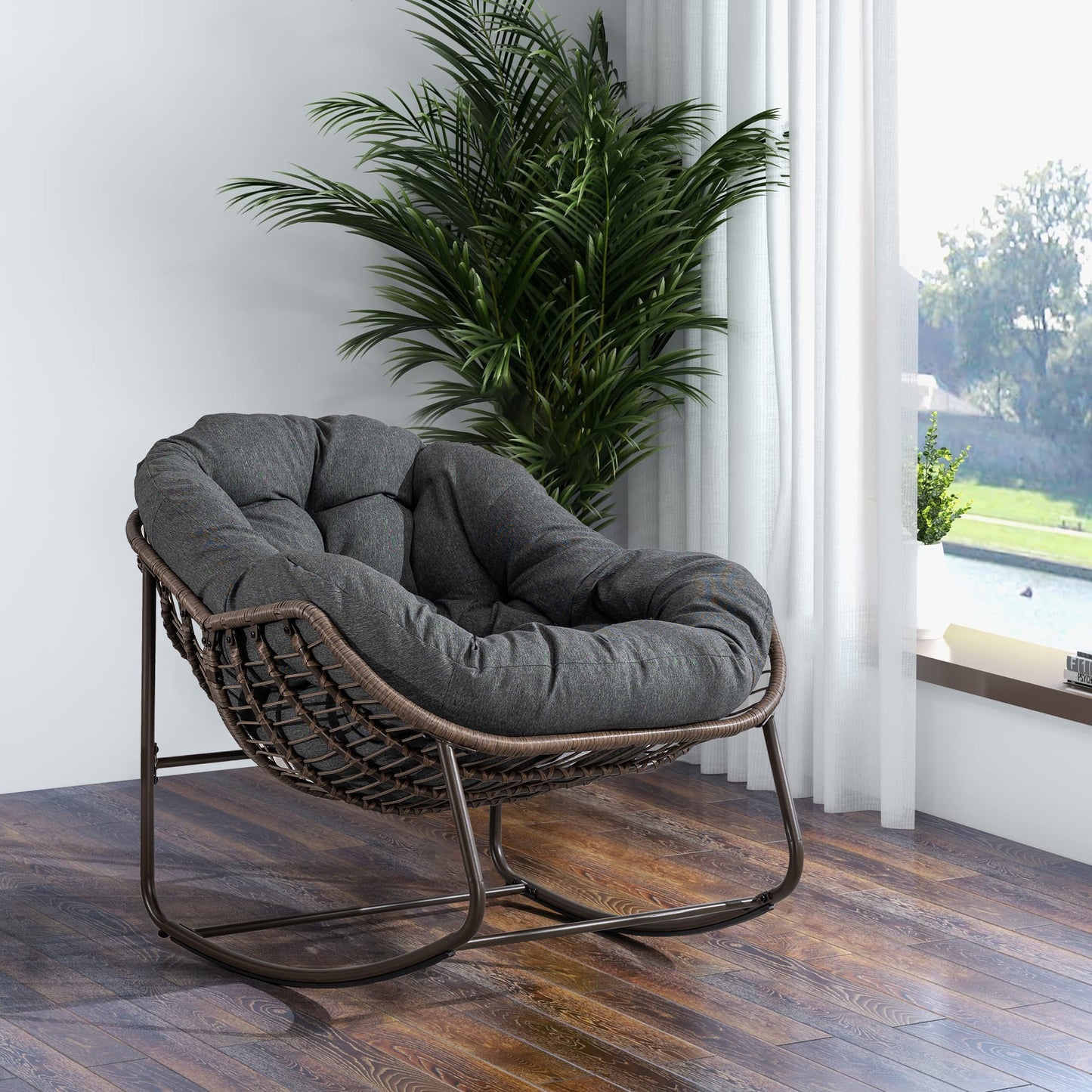 Kahomvis Rattan Brown Steel Frame Rocking Chair with Gray Cushioned Seat