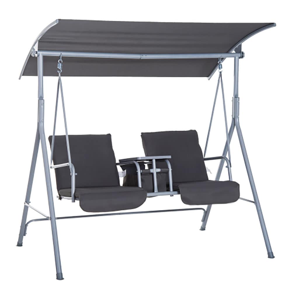 GZMR Outdoor Swing with Canopy, Pivot Storage Table 2 -person Beige Outdoor Swing