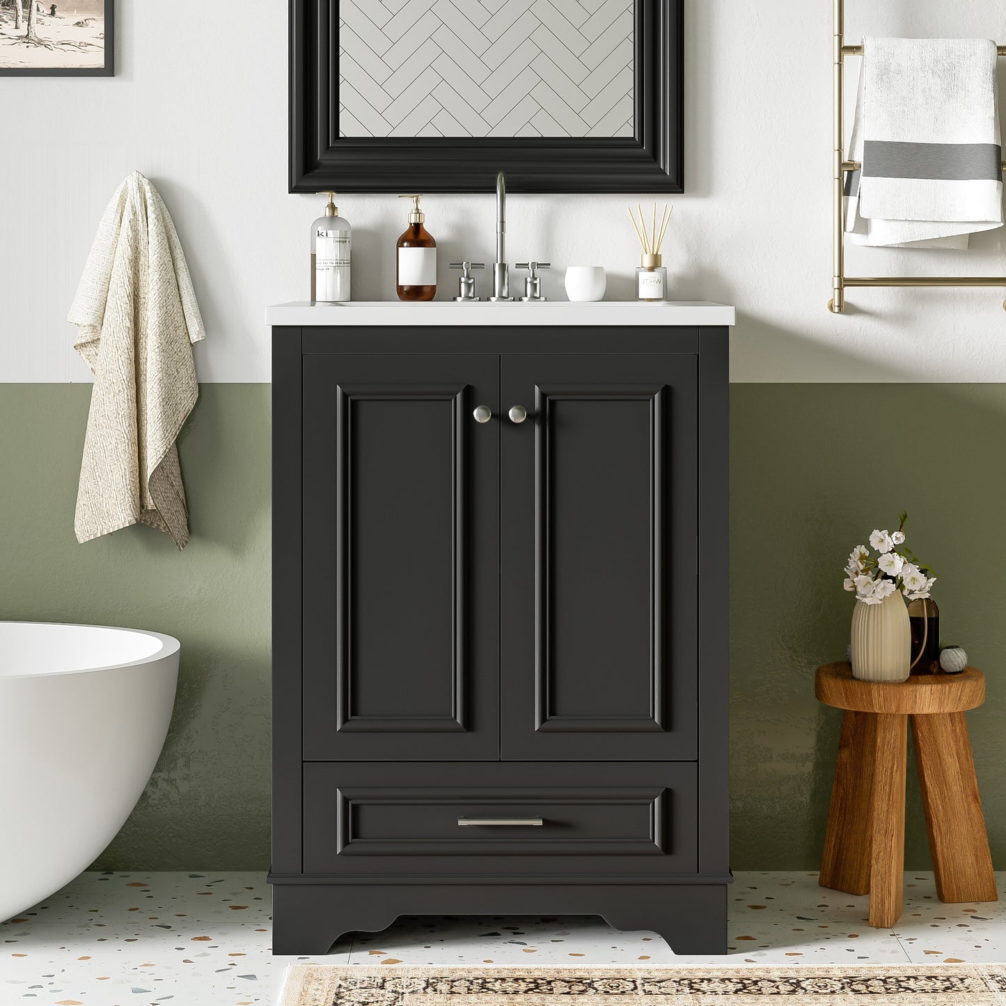 Tatayosi 24inches Bathroom Vanity with Ceramic Sink Combo Modern Freestanding Storage Cabinet  with Silver Handles  Soft Closing Doors