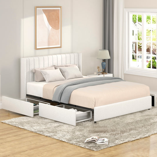 GDFStudio Anda Boucle Upholstered Tufted Headboard Storage Ivory Bed