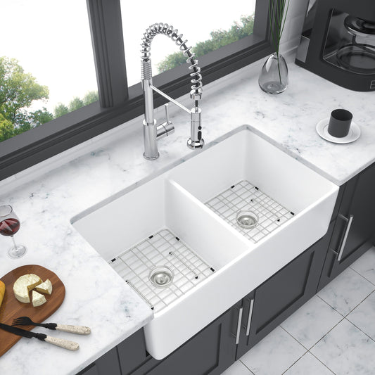Tatayosi White Farmhouse Sink 32 inches Ceramic Double Bowl Farm Apron Front Kitchen Sink