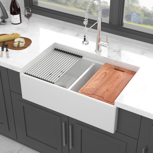 Tatayosi White Farmhouse Sink Workstation 33 inch White Ceramic Double Bowl Farm Kitchen Sink