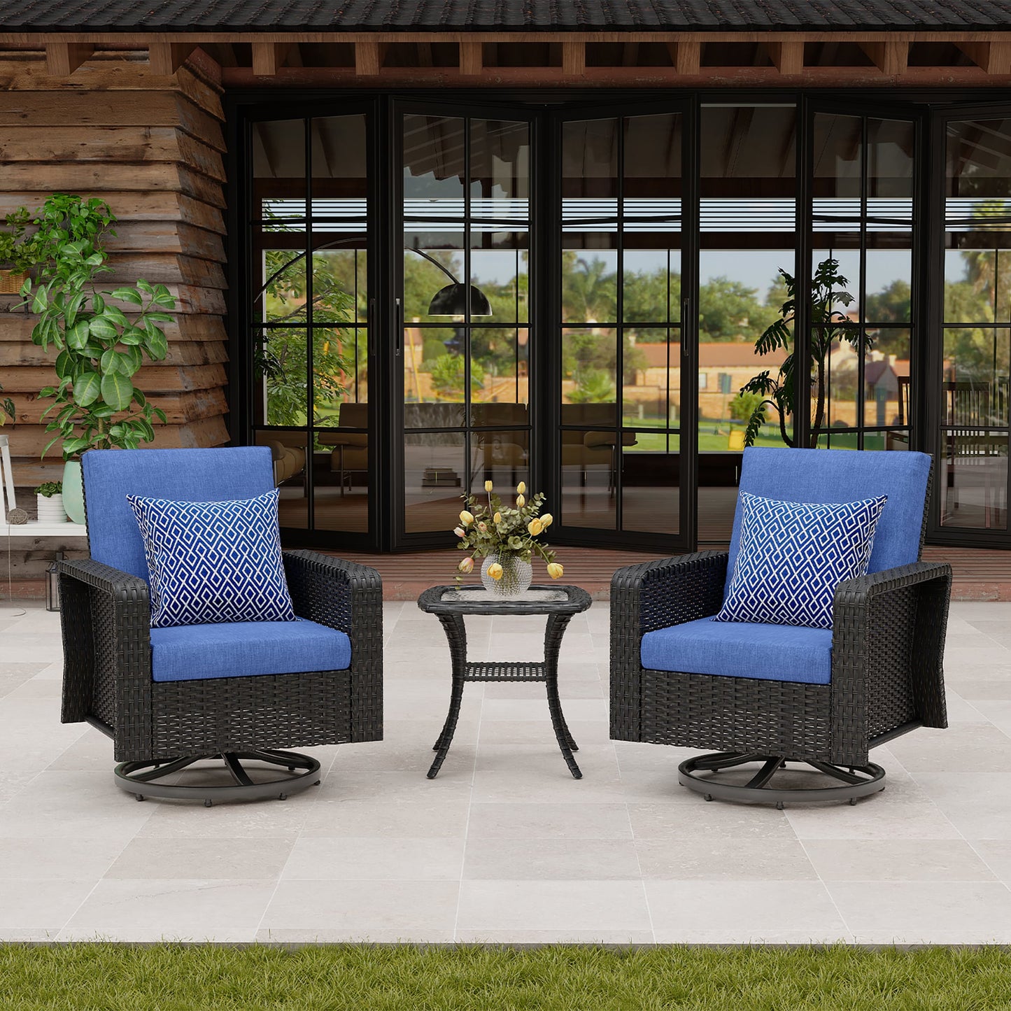 SUGOLD 3 -Piece Rattan Patio Conversation Set with Blue Cushions