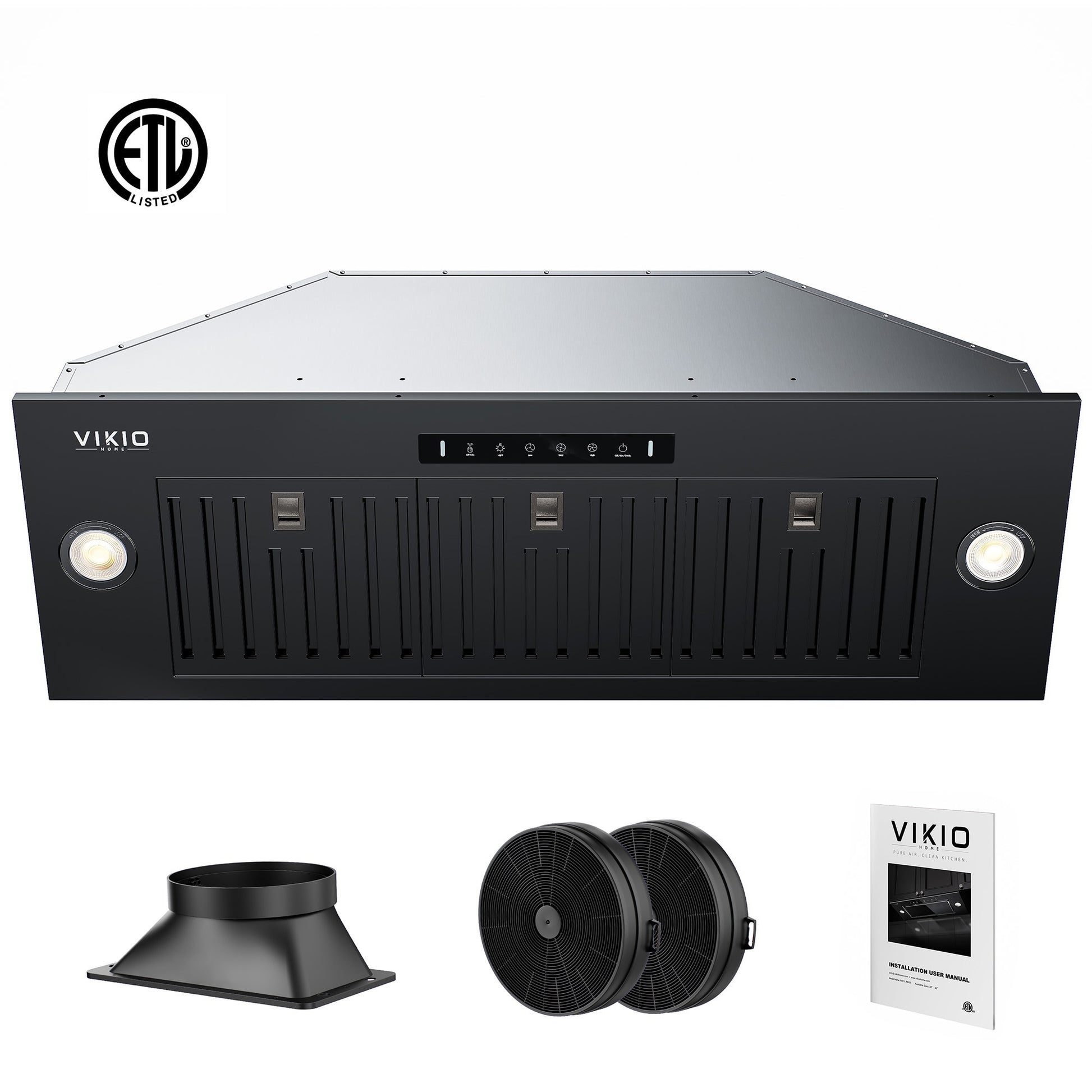 VIKIO 36 inch Convertible 980-CFM Recirculating Black Insert Under Cabinet Range Hood with Charcoal Filter