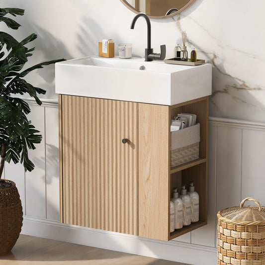 Boyel Living 21.6 Inch Modern Floating Bathroom Vanity with Ceramic Basin and Right Side Storage