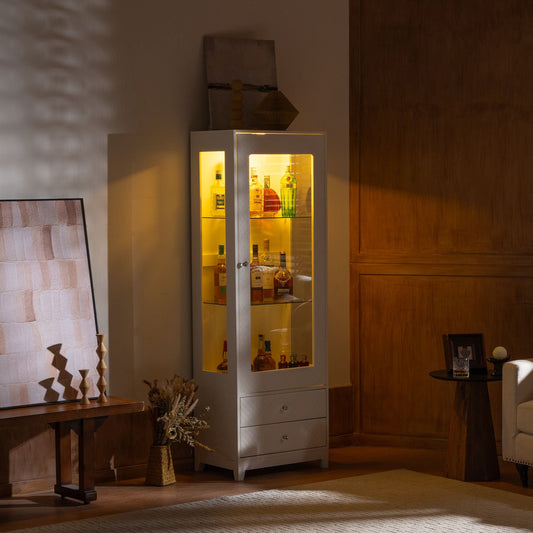 Tatayosi 71inch Freestanding Display Cabinet with 2 Storage Drawers; Upholstered Pantry with Ceiling Light;Wine Cabinet with Glass Door and Adjustable Shelves; for Livingroom; Kitchen; Bar  Dining Room - White