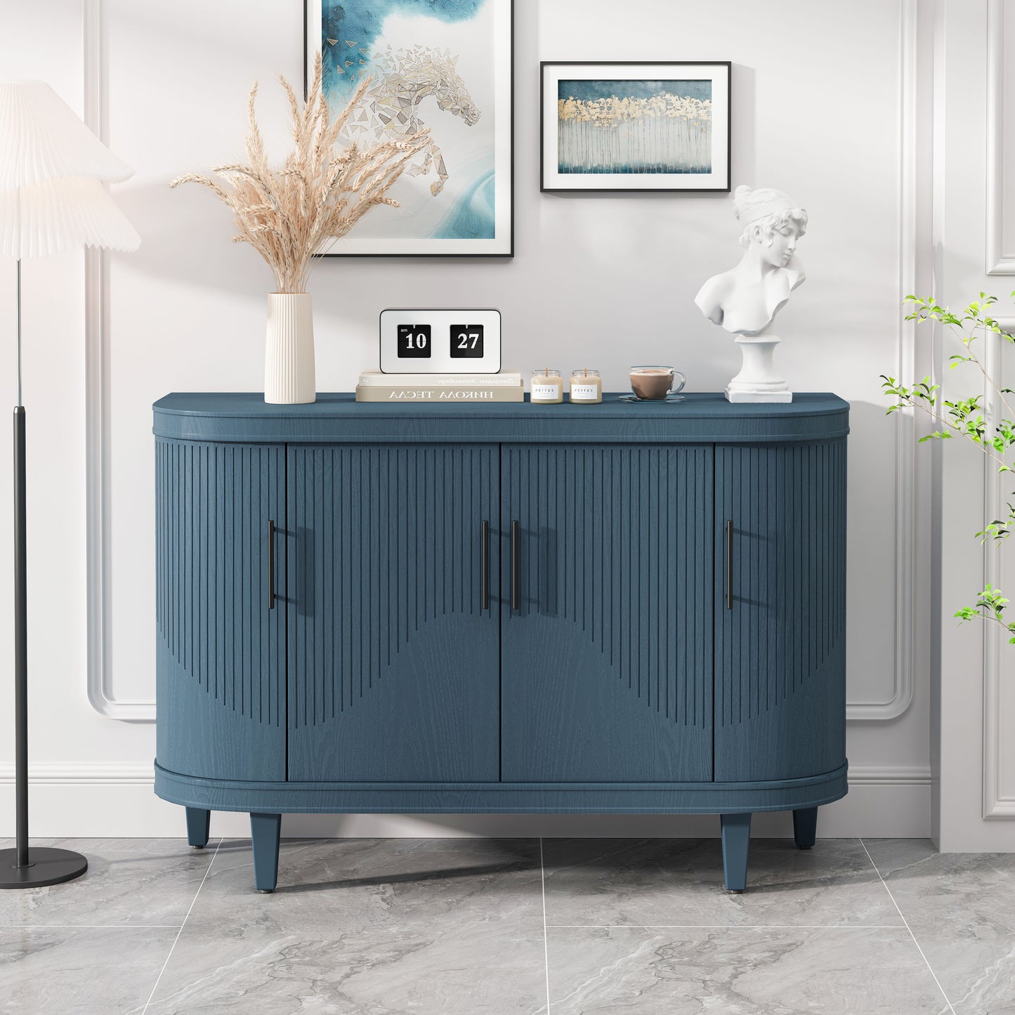 Tatayosi Modern Curved Sideboard Decorative Storage Cabinet Wooden Console Table Coffee Bar Cabinet with 4 Doors and Adjustable Interior Shelves for Living Room; Kitchen; Bedroom; Hallway (Blue)