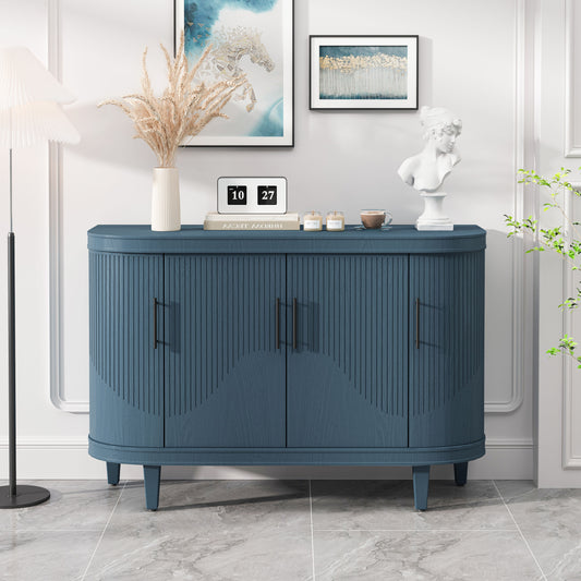 Tatayosi Modern Curved Sideboard Decorative Storage Cabinet Wooden Console Table Coffee Bar Cabinet with 4 Doors and Adjustable Interior Shelves for Living Room; Kitchen; Bedroom; Hallway (Blue)