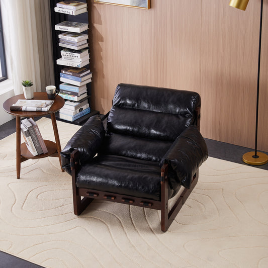 Homy Casa Midnight Black Top Grain Leather Modern Chair Removable Armrests Rubberwood Frame 27.5 in W