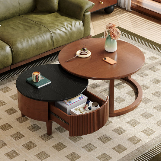 ModernLuxe Vintage Round Nesting Coffee Table Fluted with Drawer in Black Walnut in 31.5inch