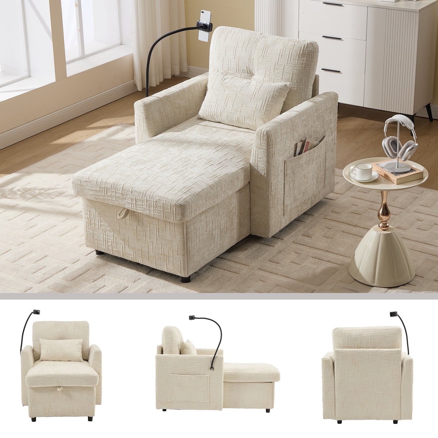 LOVMOR Multifunctional lazy person sofa recliner can be stored storage backrest with cell phone bracket chenille single leisure chair for living room bedroom small household