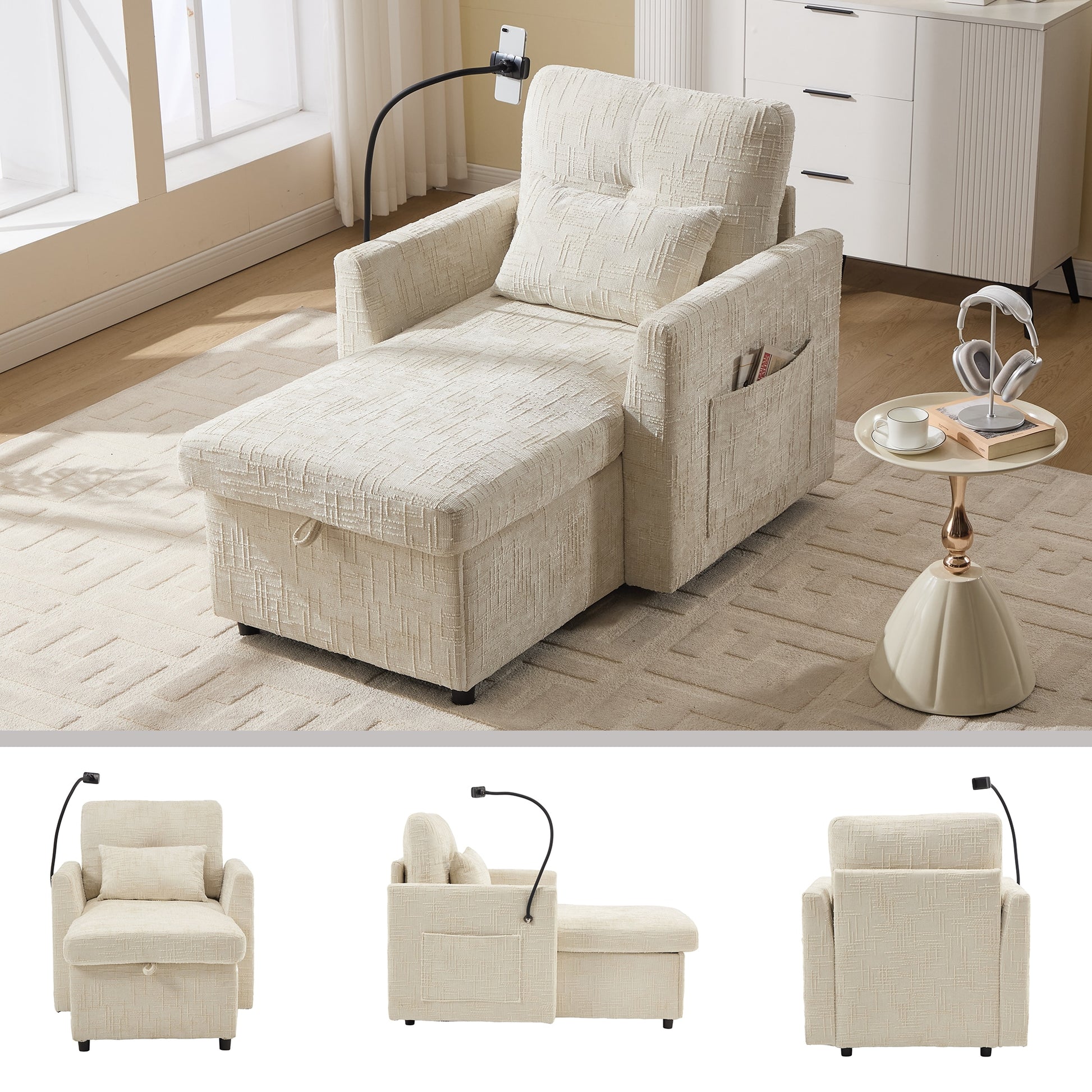LOVMOR Multifunctional lazy person sofa recliner can be stored storage backrest with cell phone bracket chenille single leisure chair for living room bedroom small household