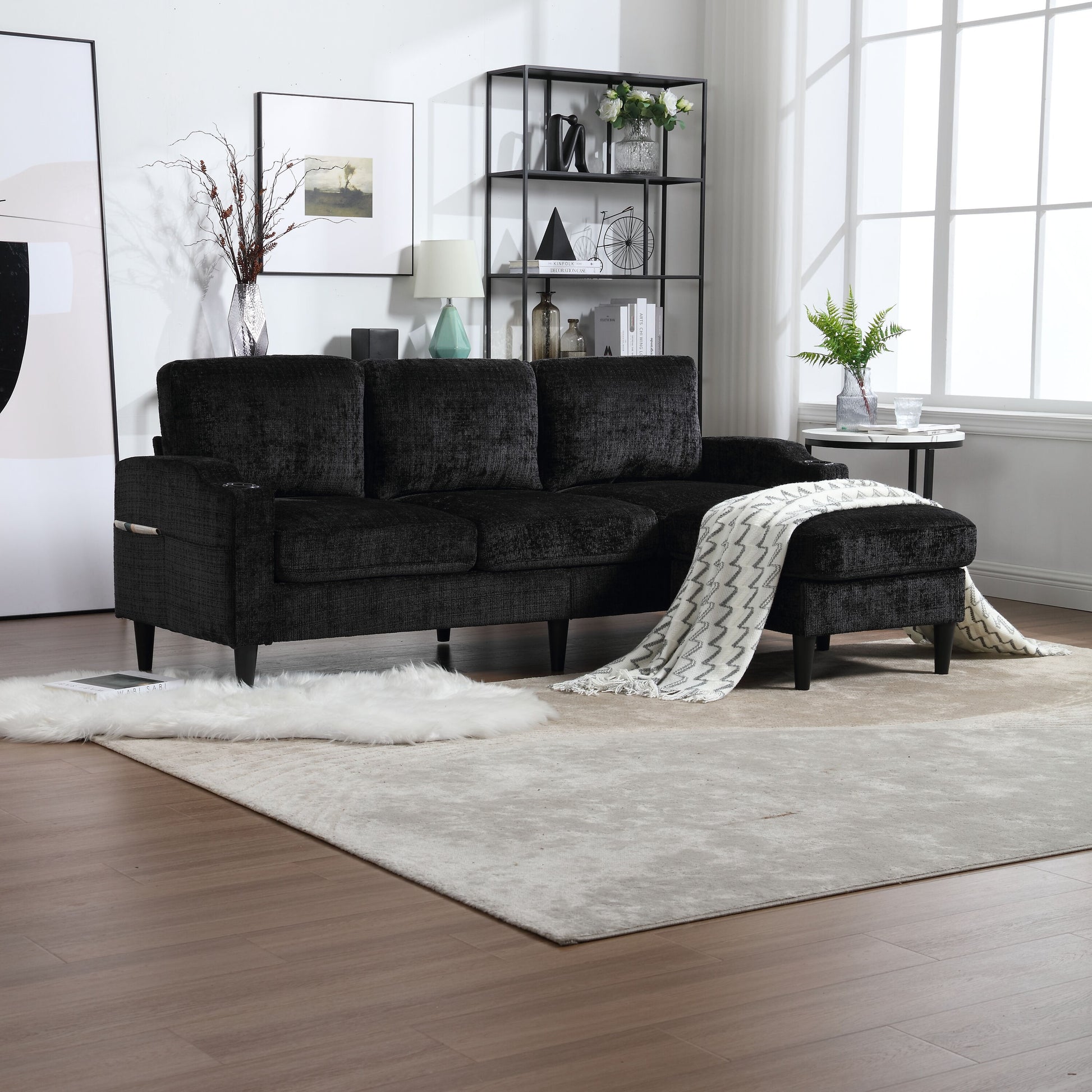 LOVMOR Cozy sectional sofa for three solid wood frame Chenille fabric side pocket with two cup holders footstool