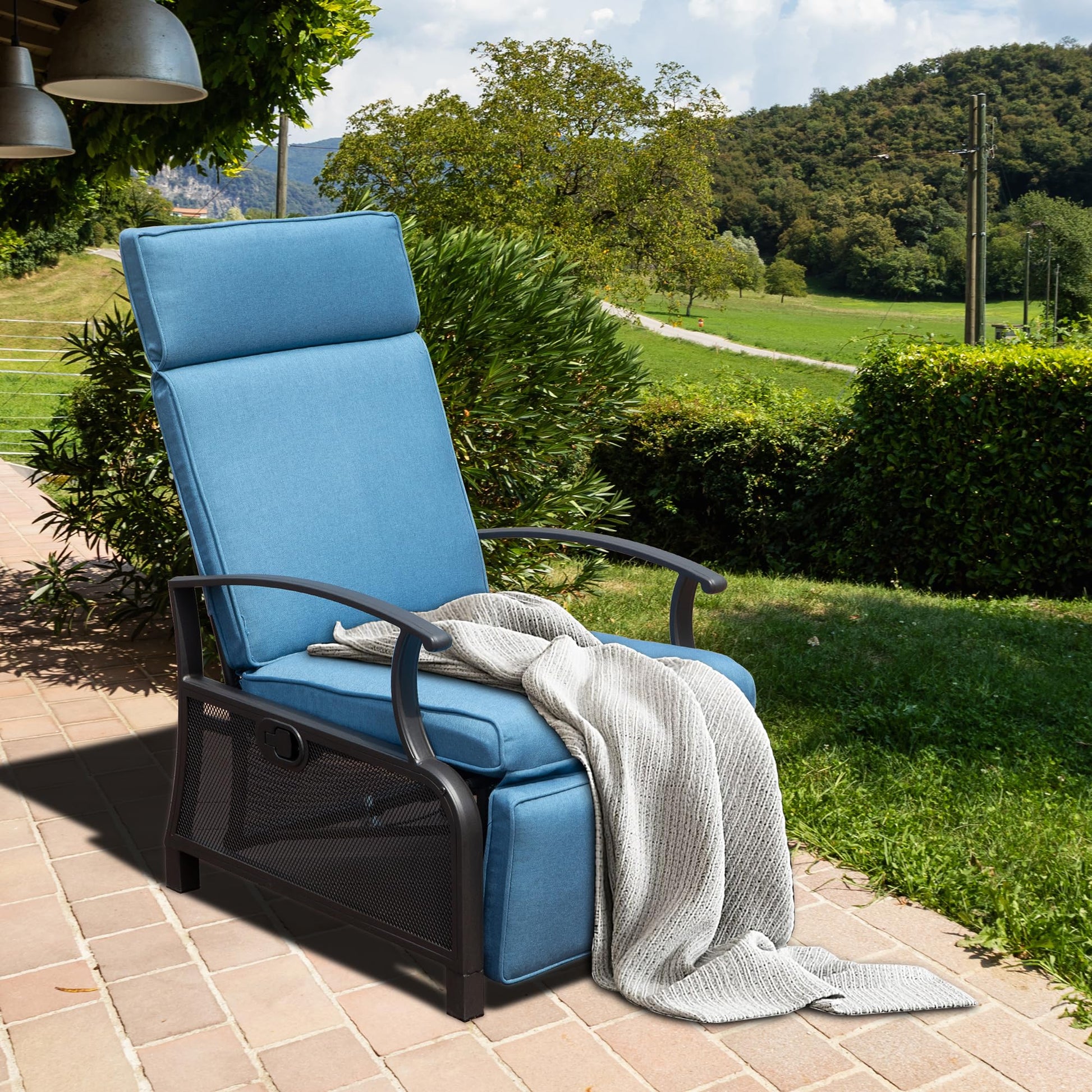 Boyel Living Metal Outdoor Recliner with Flip Table Push Back and Navy Blue Cushions