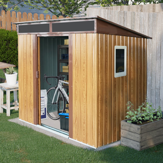 Tatayosi 6ft x 5ft Outdoor Metal Storage Shed with Window and Transparent plate for Garden Lawn (Coffee)
