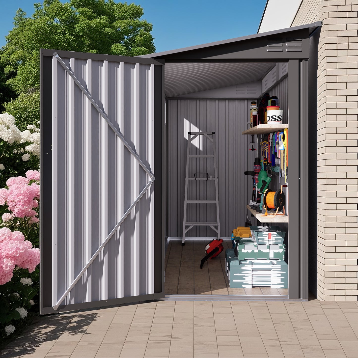Tatayosi 4 x 9 FT Outdoor Storage Shed Metal Garden Shed Tool House with Sloping Roof 2 vents and 1 Side Open Door for Backyard GardenPatio Garage Lawn Gray