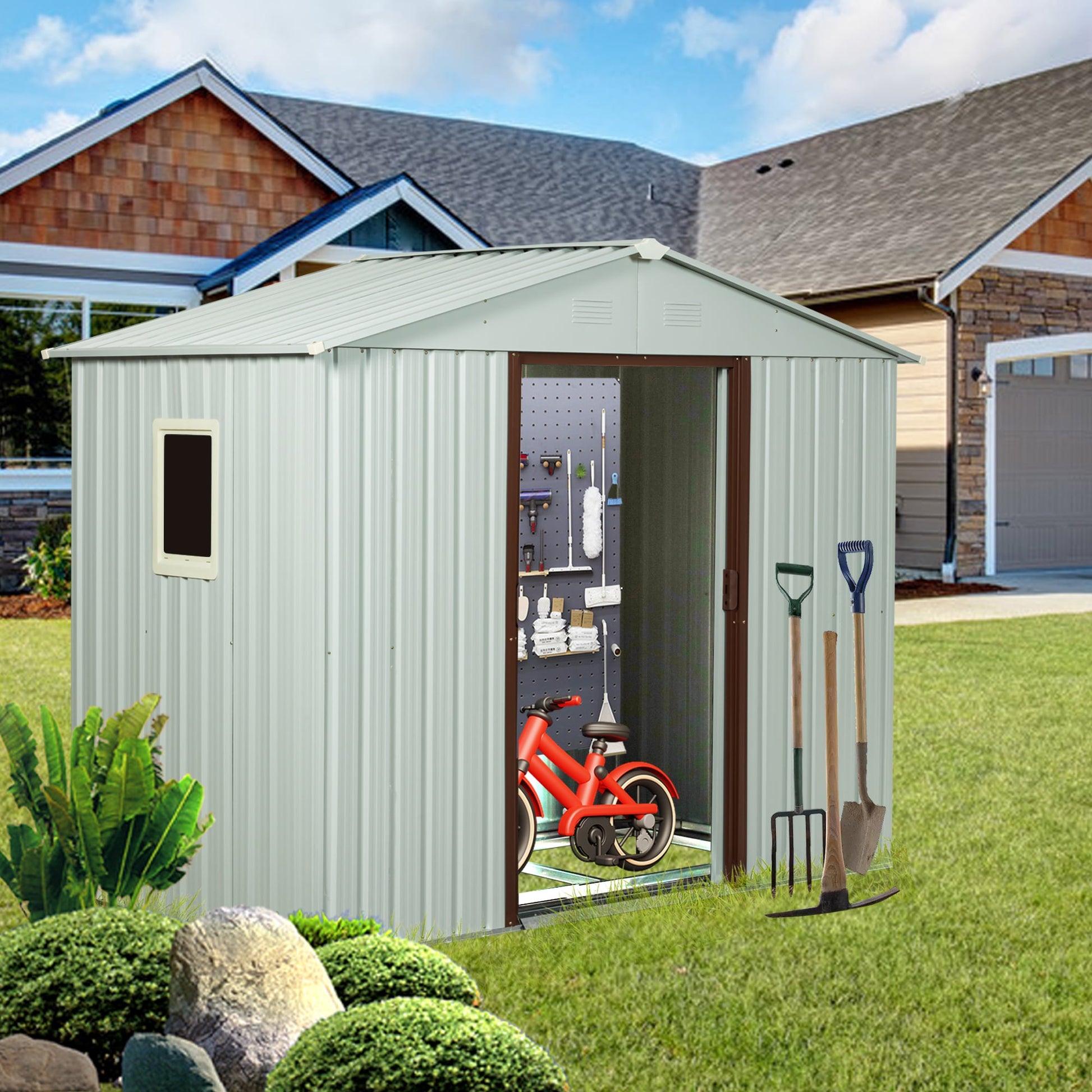 Tatayosi 8ft x 4ft Outdoor Metal Storage Shed With window and metal foundation White
