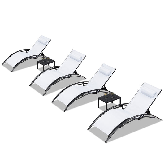 PURPLE LEAF Streamlined Stackable Adjustable Chaise lounge With Table Set of 4 Stackable Standard Aluminum Frame Stationary Chaise Lounge Chair with White Cushioned Seat