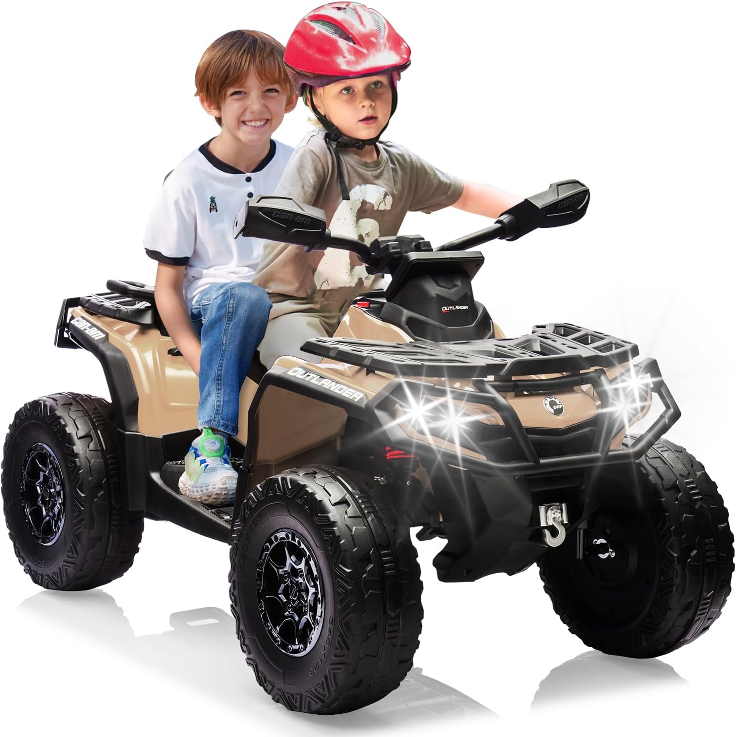 Qeetex 2 Seater Ride On Car 24V Licensed Can-Am Electric ATV Car for Kids 4 Wheeler Electric Toy Car with Bluetooth Led Leather Seaters 5 Mph Max Speed for Boys Girls Brown