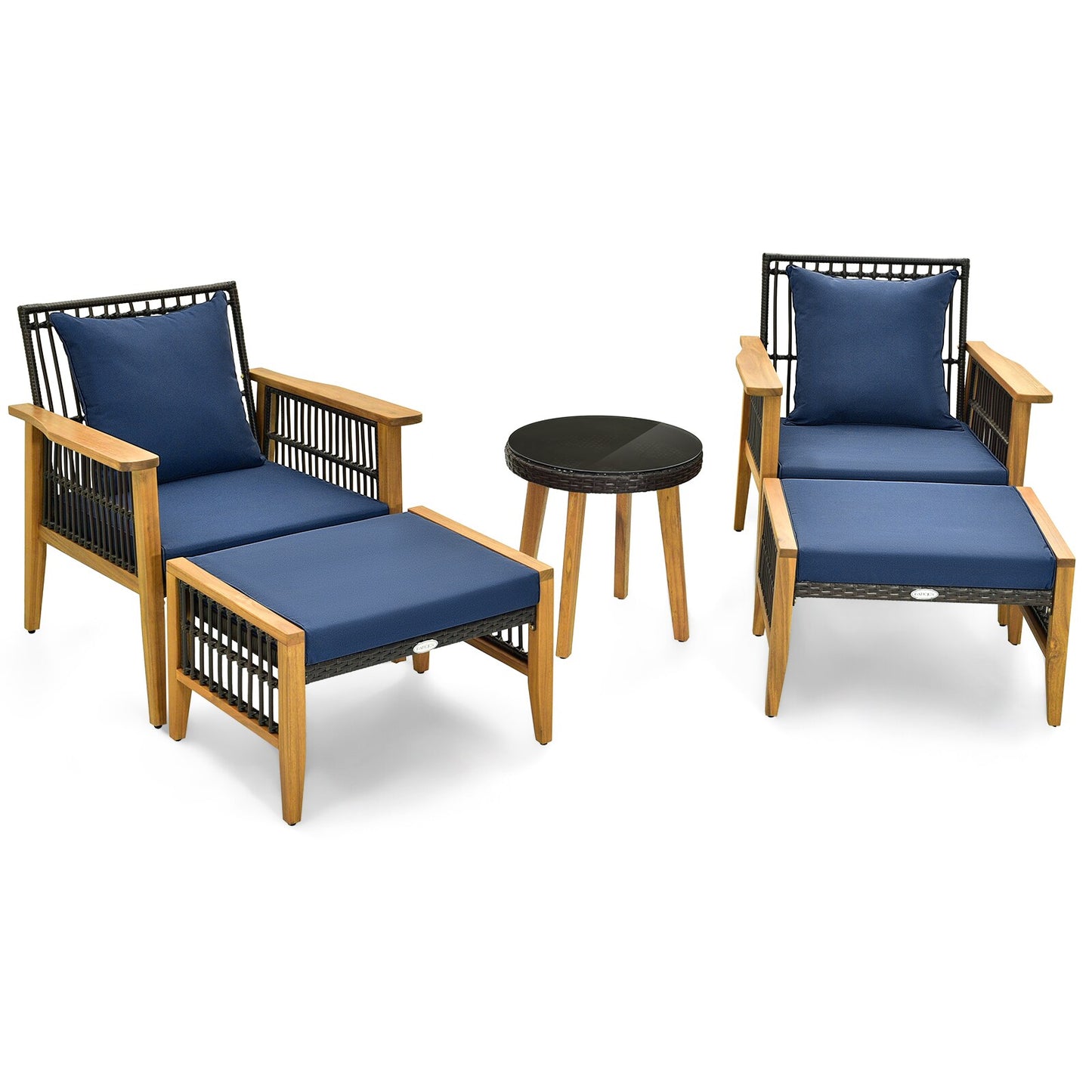 Slickblue 5-Piece Patio Furniture Set with 2 Chairs 2 Ottomans 1 Coffee Table Navy Cushions Mix Brown PE Rattan Acacia Wood Metal Frame
