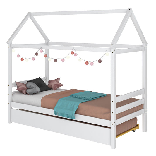 Slickblue Gray/ White Solid Wood Twin Platform Bed with House Roof and Trundle for Kids Bedroom Playroom or Shared Spaces