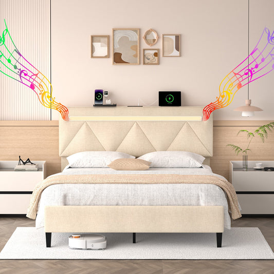GZMR King Beige Bed Frame with Headboard