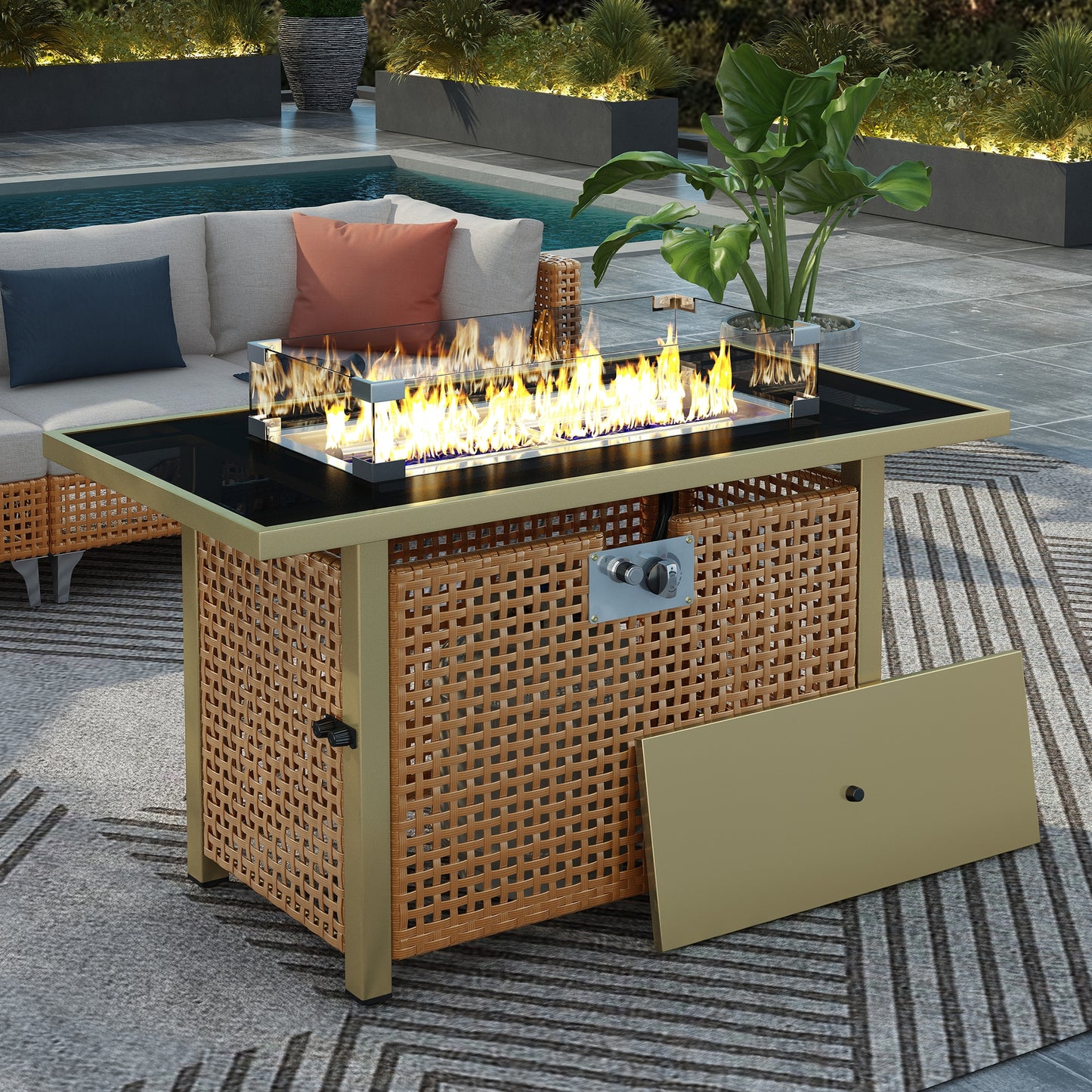 LOVMOR 43 inch Propane Gas Fire Pit Table Rectangular Open Weave Wicker Fire Pit  for Outside Patio Deck Garden BackyardYellow