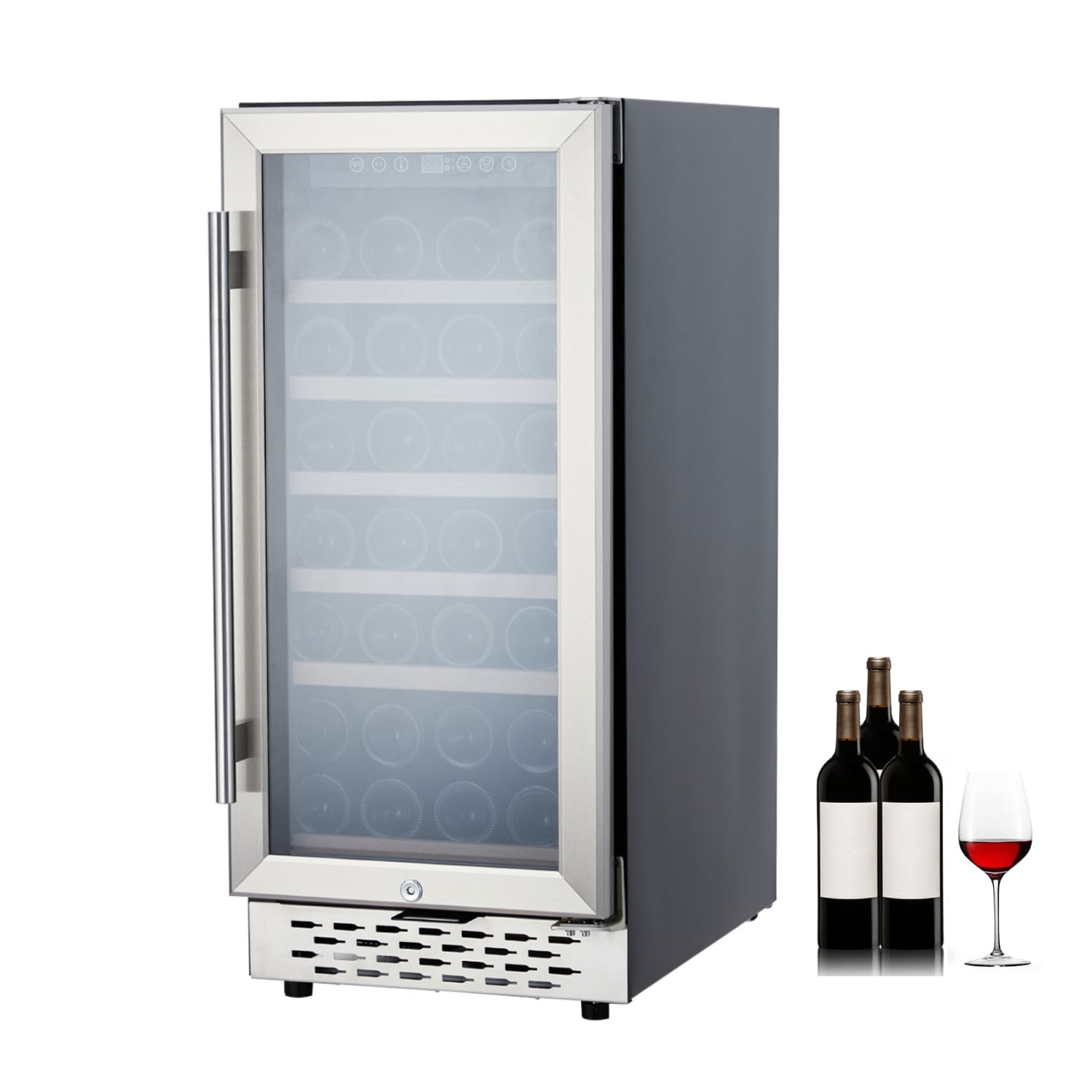 Der Rose 28 Bottle Small Wine Fridge with Glass Door and Safety Lock for Home Gray
