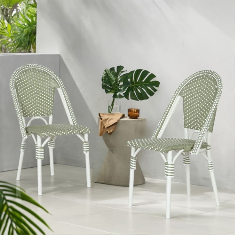 Christopher Knight Home Paris Bistro Chair Outdoor Pe Rattan and Aluminum French Set of 2 White and Green