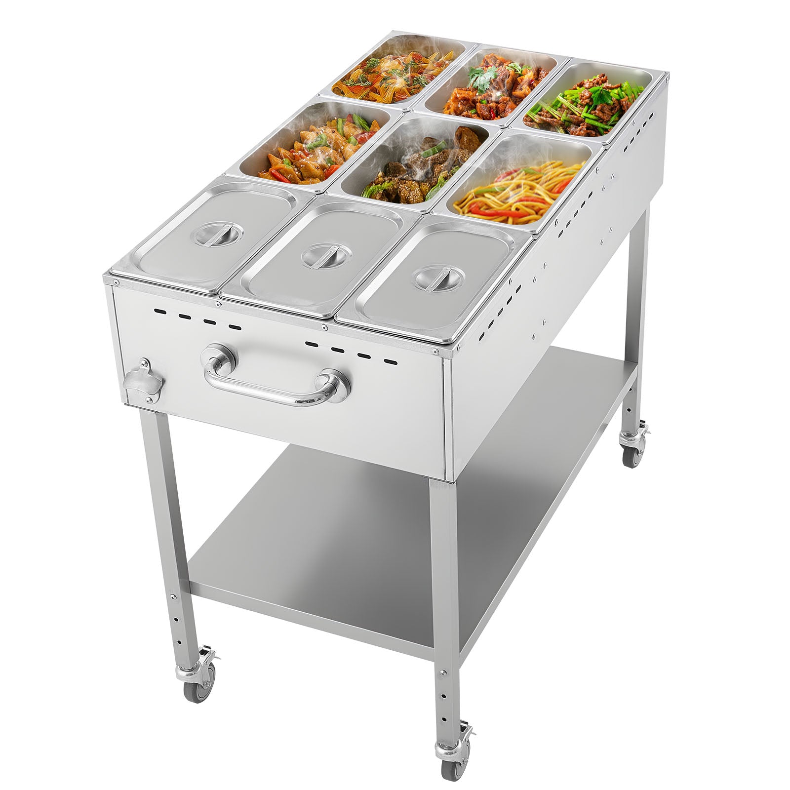 VEVOR 9-Pan Commercial Propane Steam Table  LP Gas Outdoor Soup Warmer with Drain Valve and 3in Wheels  Stainless Steel Propane Food Warmer with Adjustable Temperature  for Restaurant Outdoor Camping