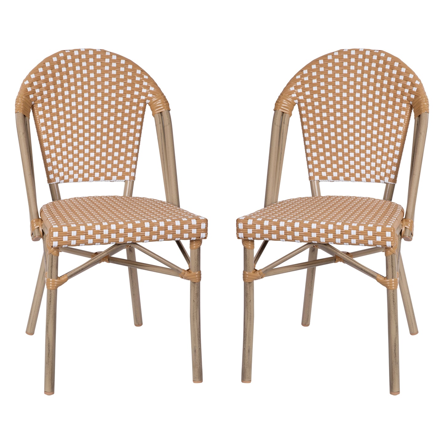 Flash Furniture Lourdes Set of 2 Indoor/Outdoor Commercial Bistro Stack Chairs; Natural/White PE Rattan Back and Seat; Bamboo Print Light Natural Aluminum Frame