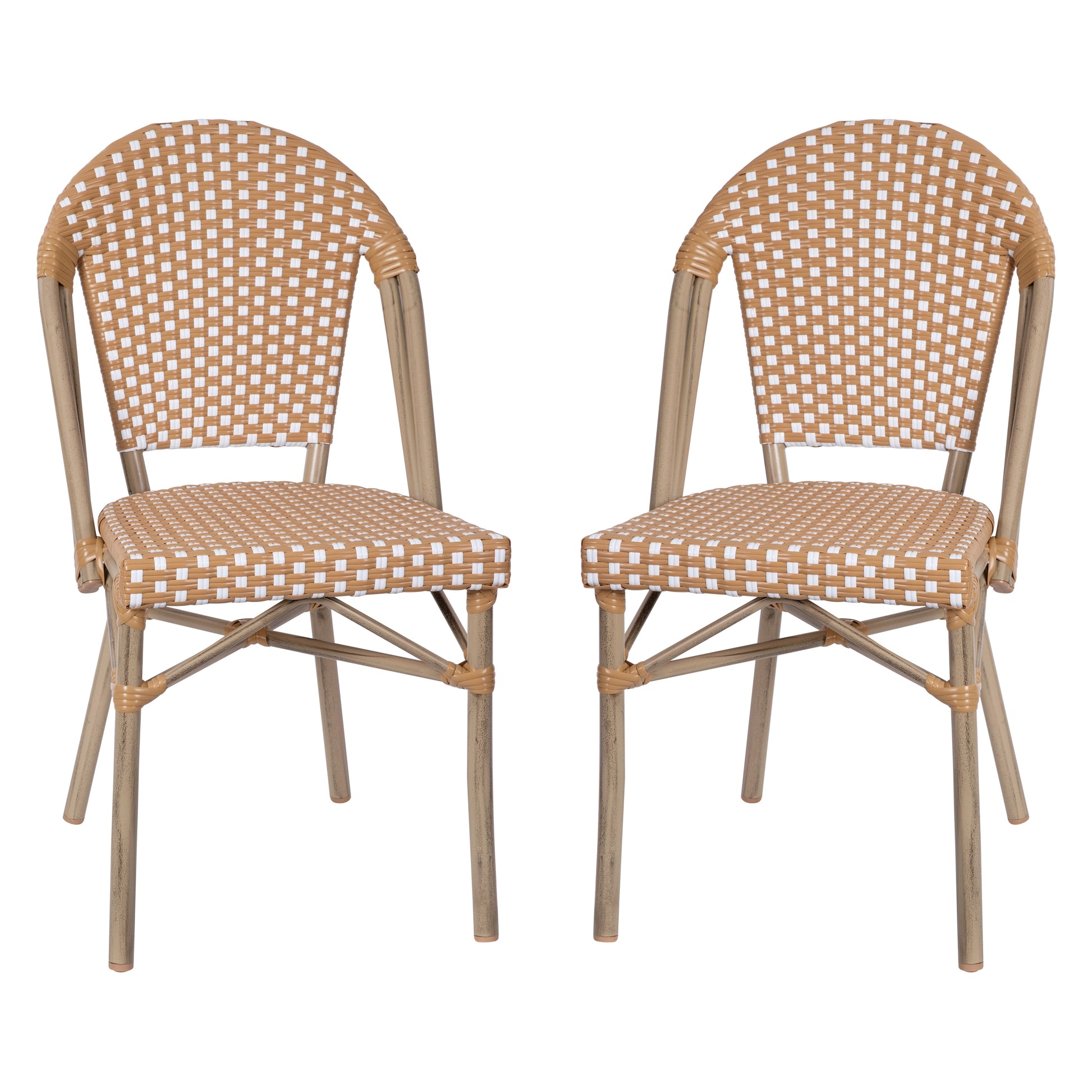 Flash Furniture Lourdes Set of 2 Indoor/Outdoor Commercial Bistro Stack Chairs; Natural/White PE Rattan Back and Seat; Bamboo Print Light Natural Aluminum Frame