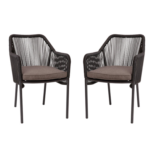 Flash Furniture Kallie Set of 2 All-Weather Black Woven Stacking Club Chairs with Rounded Arms and Gray Zippered Seat Cushions