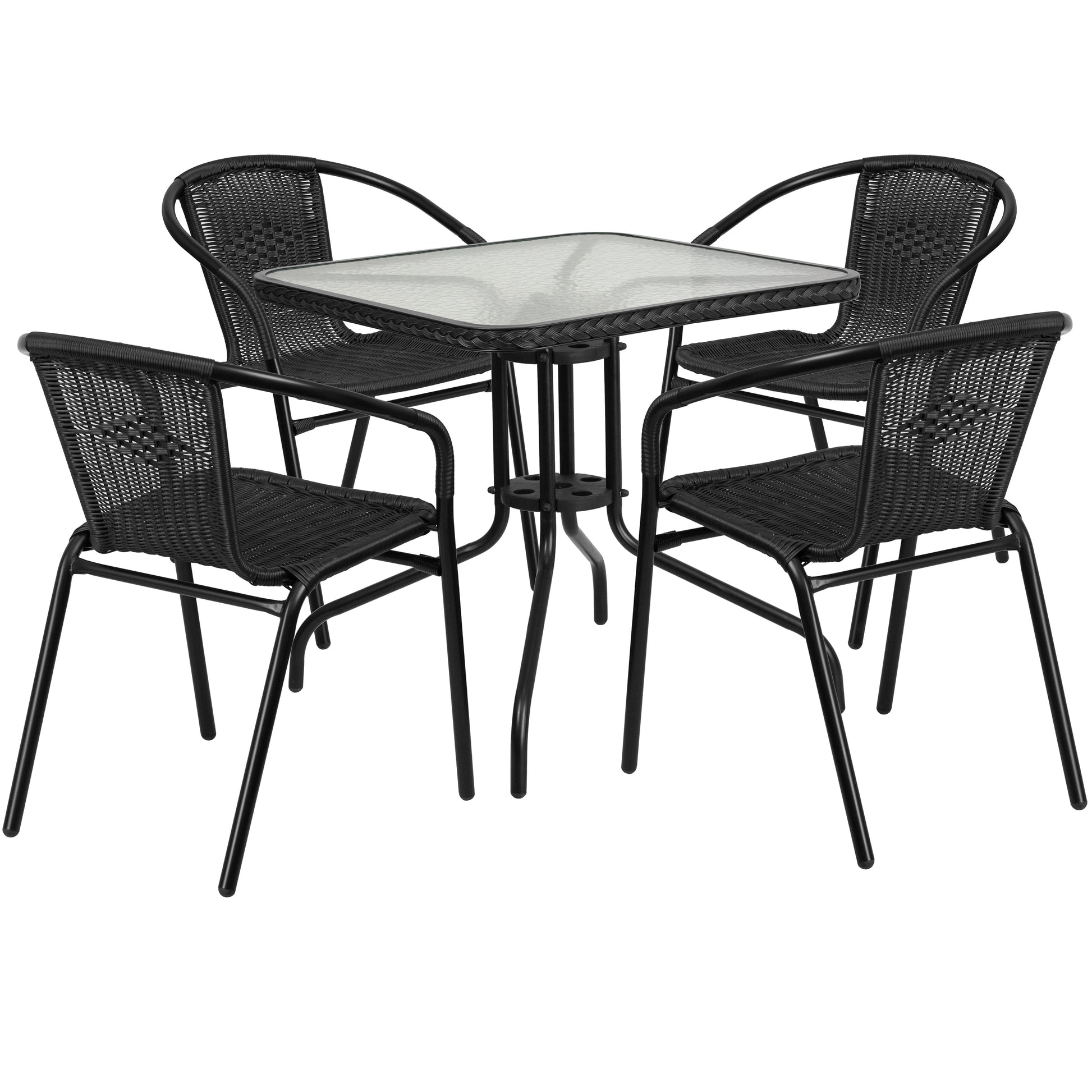 Flash Furniture Lila 28-in Square Glass Metal Table with Black Rattan Edging and 4 Black Rattan Stack Chairs
