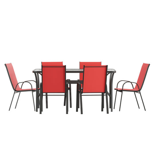 Flash Furniture Brazos 7 Piece Commercial Grade Patio Dining Set with Tempered Glass Patio Table and 6 Chairs with Red Flex Comfort Material Seats and Backs