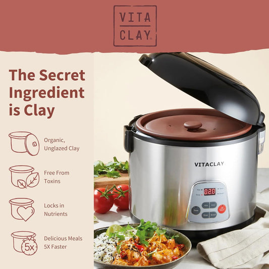 8-Cup (4 qt) 4-in-1 Stainless Steel Rice and Slow Cooker with Unglazed Clay Pot, Lead-Toxin Free, Multi-Function Cooker with Timer, Warm Mode, LCD Display, Measuring Cup & Premium Recipe Book