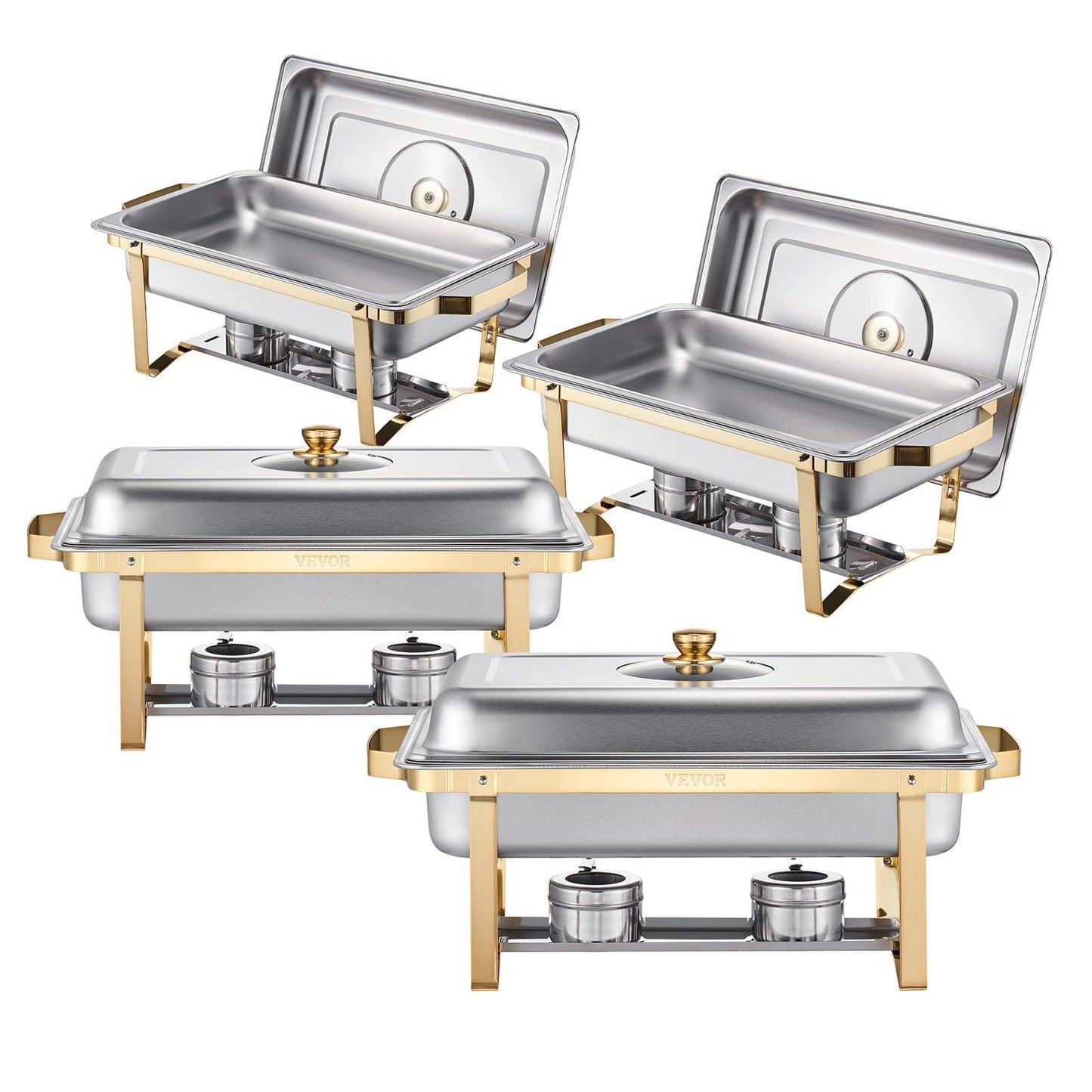 8 Qt 4 Pack Chafing Dish Buffet Set Full Size Rectangle Stainless Steel Catering Warmers with Gold Finish, Folding Frame, Lid Holder, and Meal Clip for Party Events and Weddings